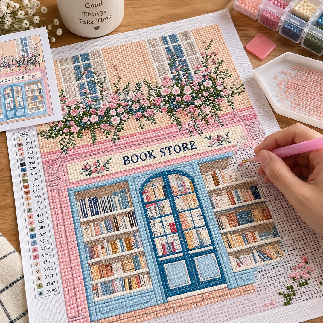 Hand placing resin drills on the floral bookshop canvas, diamond painting kit