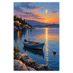 Blue Fishing Skiff Moonrise completed artwork on a clean white background