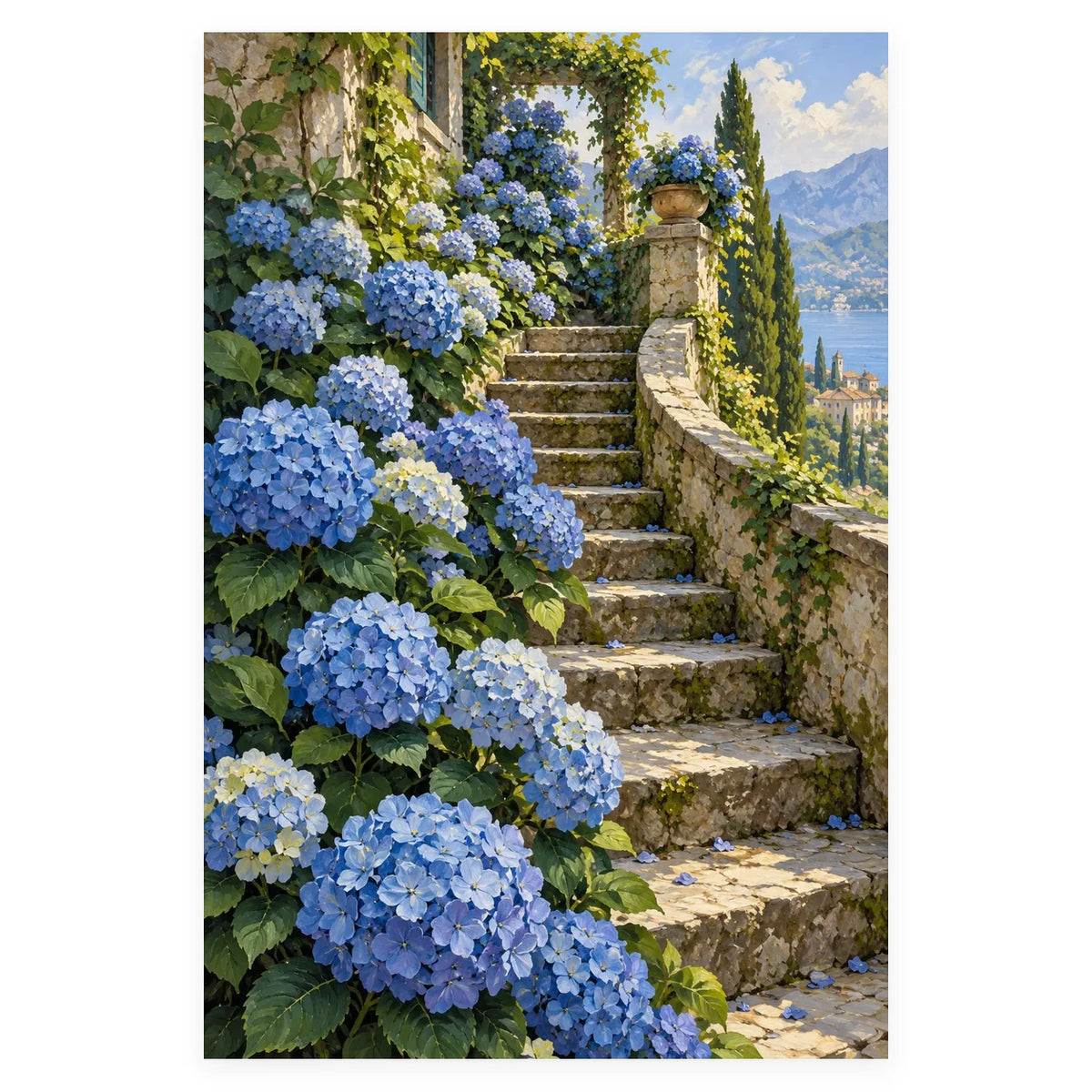Blue Hydrangea Stone Steps completed artwork on a clean white background