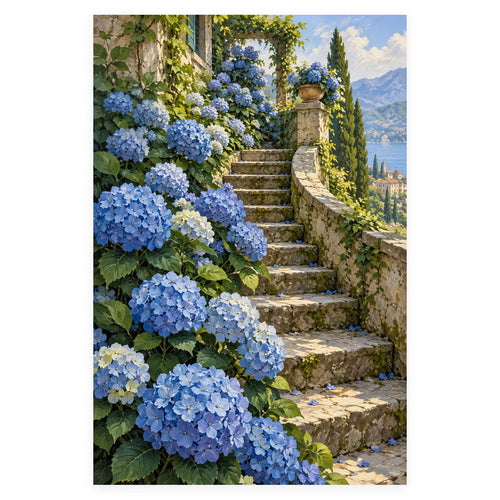 Blue Hydrangea Stone Steps completed artwork on a clean white background