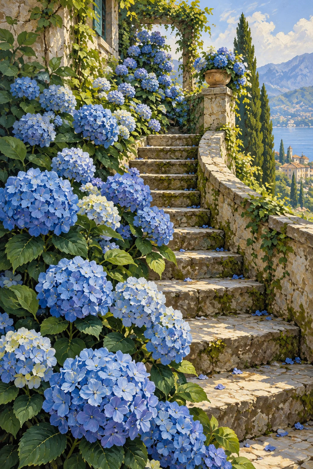 Original artwork of blue hydrangeas beside stone steps with a lake and mountains beyond.