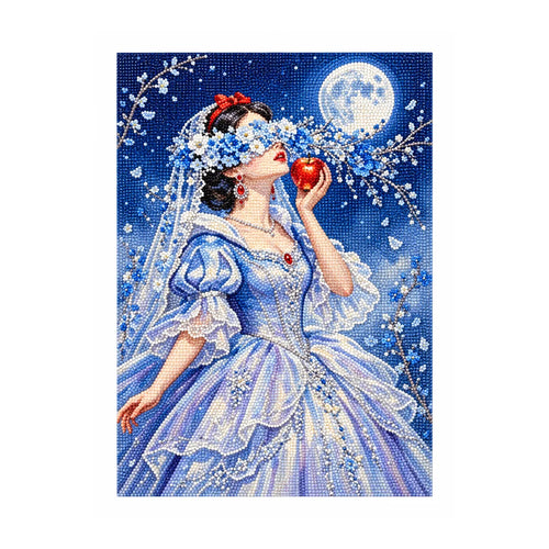 White-background diamondized artwork of a blue moon bride in a pale gown holding a red apple