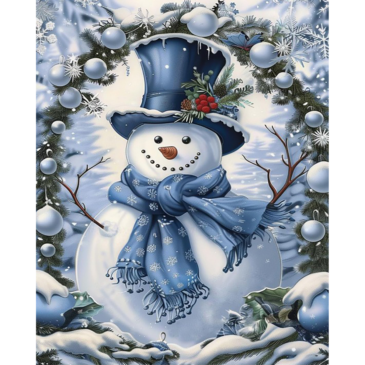 Blue Scarf Snowman paint by numbers completed artwork on a clean white background