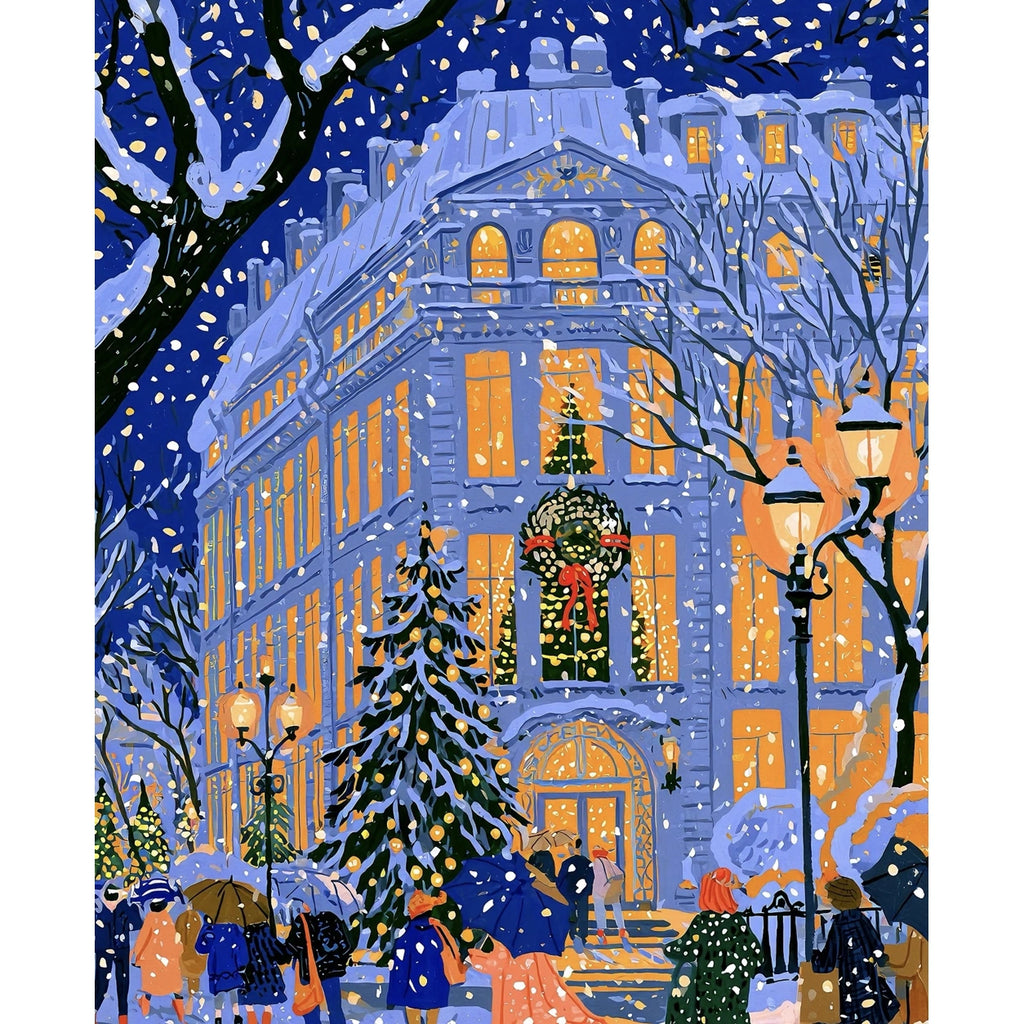 Original Blue Snowy European Christmas Building paint by numbers artwork