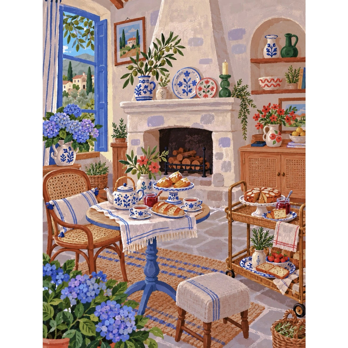 Original Blue Window Hydrangea Fireplace Tea Room paint by numbers artwork