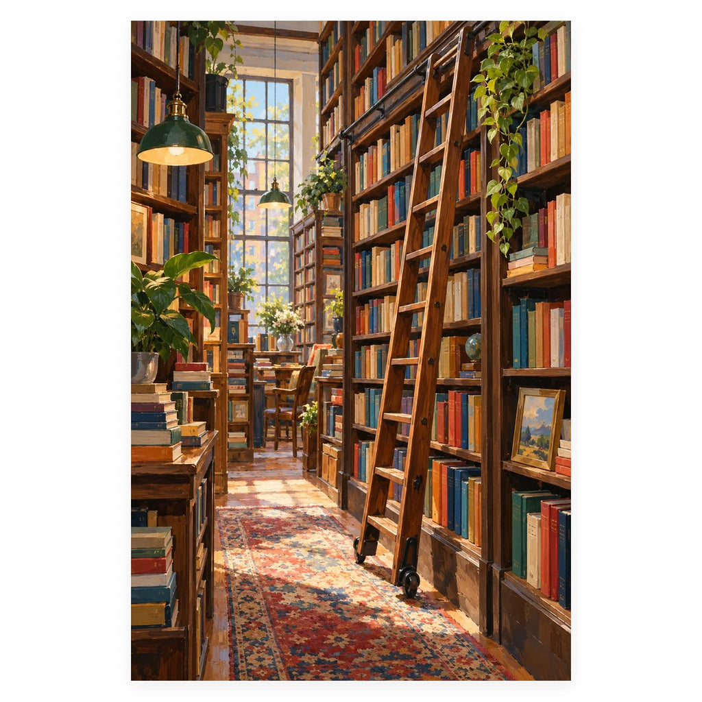 `02-bookshop-ladder-narrow-aisle-original-white-background.webp` — Complete original Bookshop Ladder Narrow Aisle artwork centered on a white 1:1 background with the original proportions preserved.