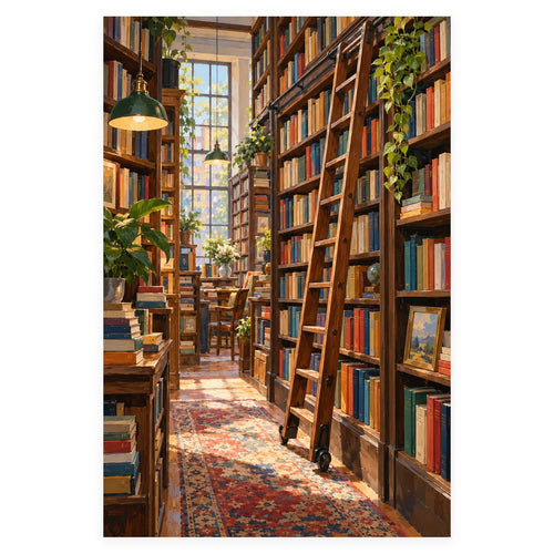 `02-bookshop-ladder-narrow-aisle-original-white-background.webp` — Complete original Bookshop Ladder Narrow Aisle artwork centered on a white 1:1 background with the original proportions preserved.