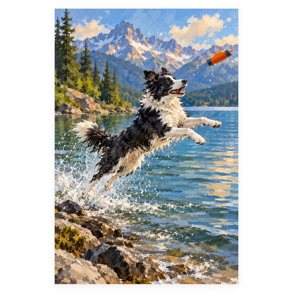 Border Collie Lake Leap completed artwork on a clean white background