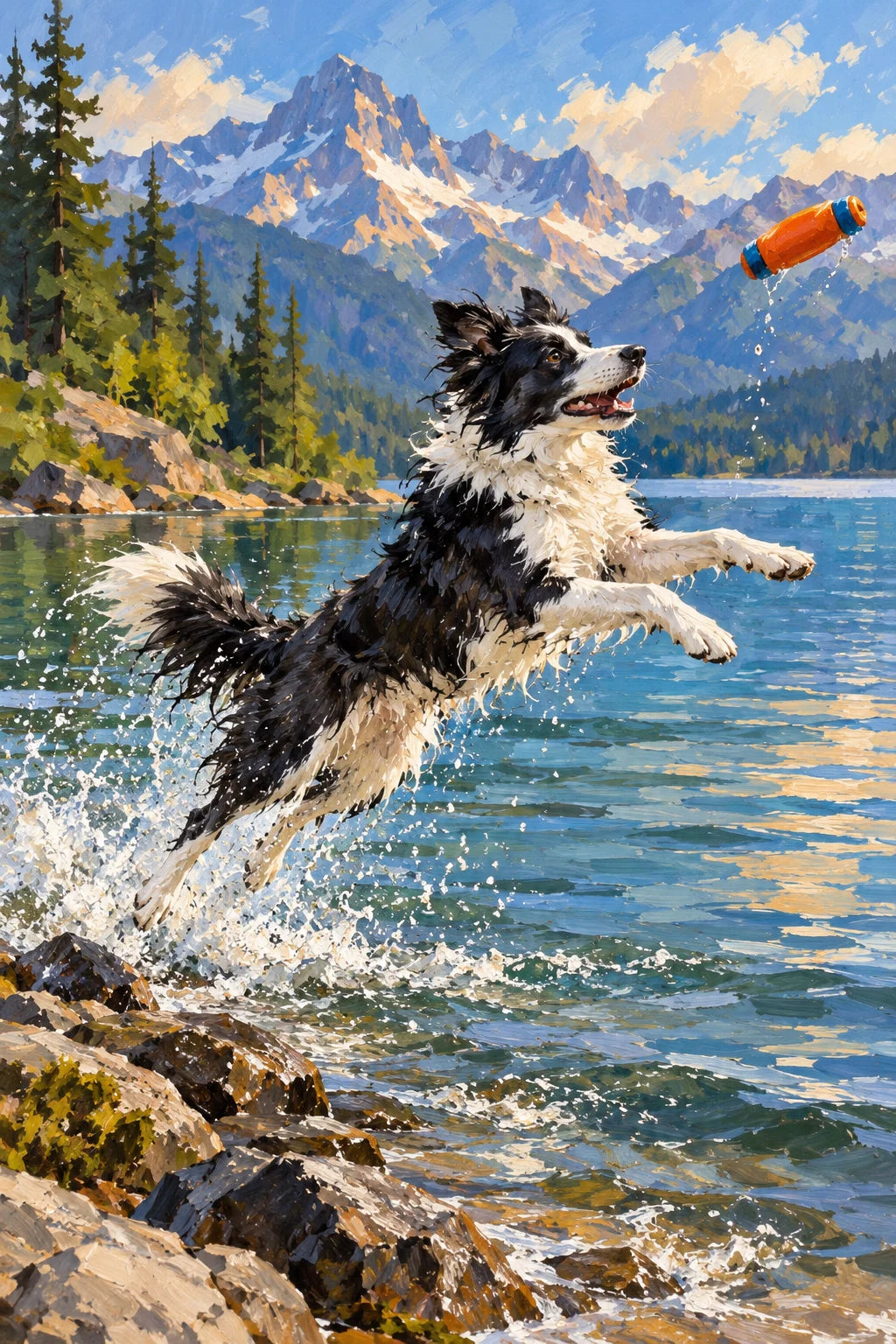 Original Border Collie Lake Leap artwork for the paint by numbers kit