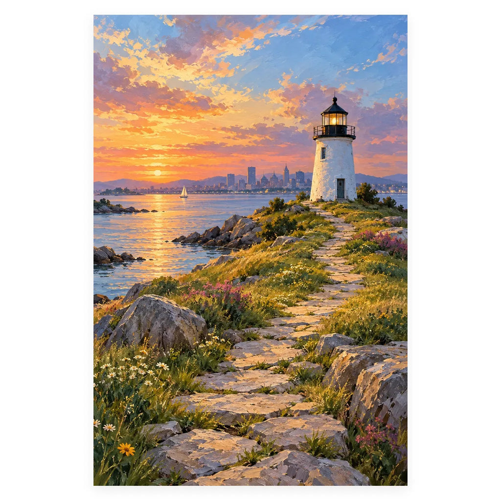 Boston Lighthouse Island Path completed artwork on a clean white background