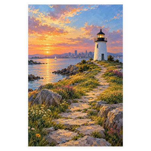 Boston Lighthouse Island Path completed artwork on a clean white background