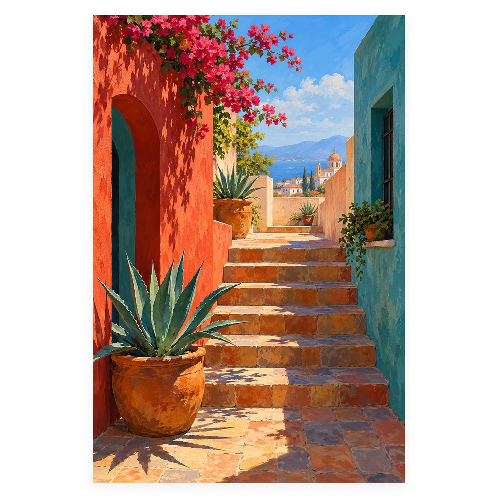 `02-bougainvillea-courtyard-stone-steps-original-white-background.webp` — Original portrait artwork of sunlit stone courtyard steps between red and teal walls, with bougainvillea, potted agave, and a blue coastal view, shown in full on a white background with its original proportions preserved.