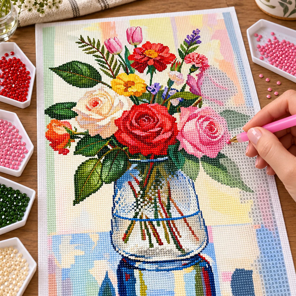 Hand placing resin diamonds on colorful rose and tulip canvas