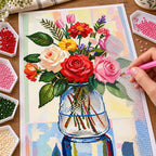 Hand placing resin diamonds on colorful rose and tulip canvas