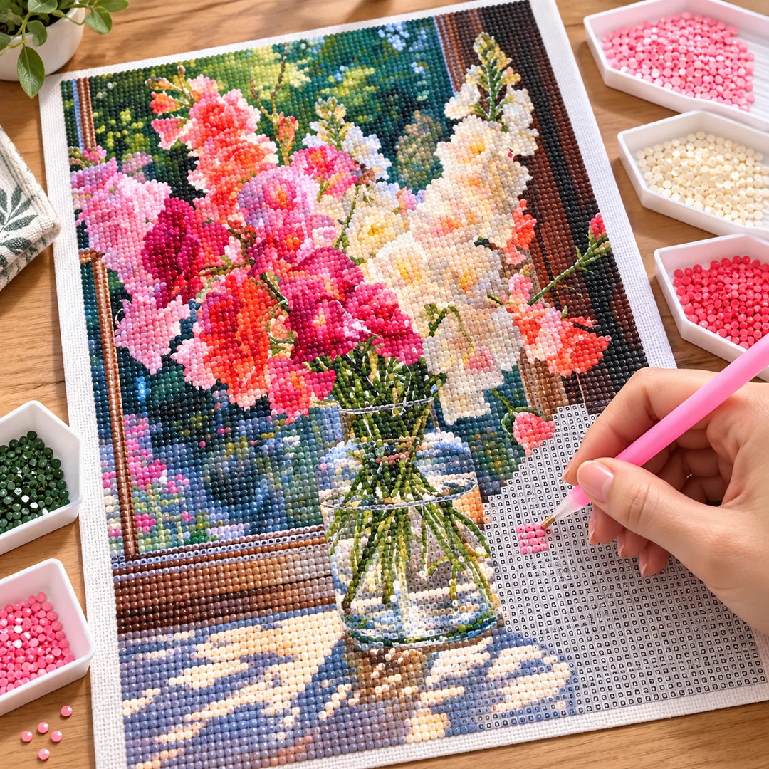 Hand placing resin diamonds on gladiolus window bouquet canvas