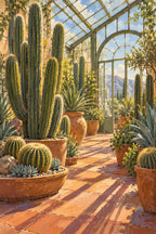 Original artwork of cacti and succulents inside a glass greenhouse.