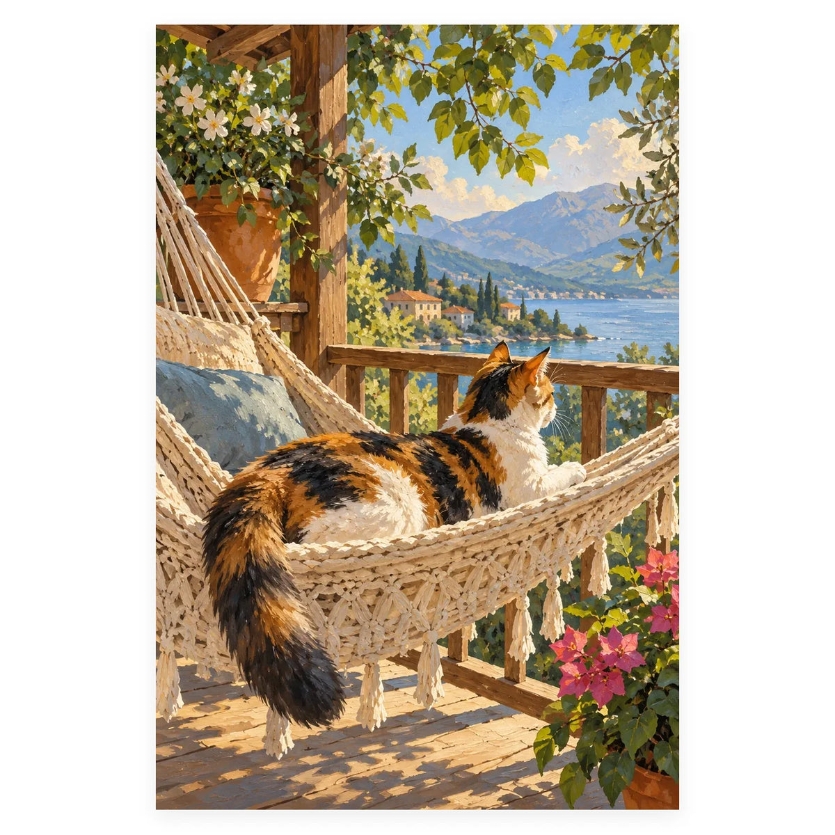 Calico Cat Seaside Hammock completed artwork on a clean white background