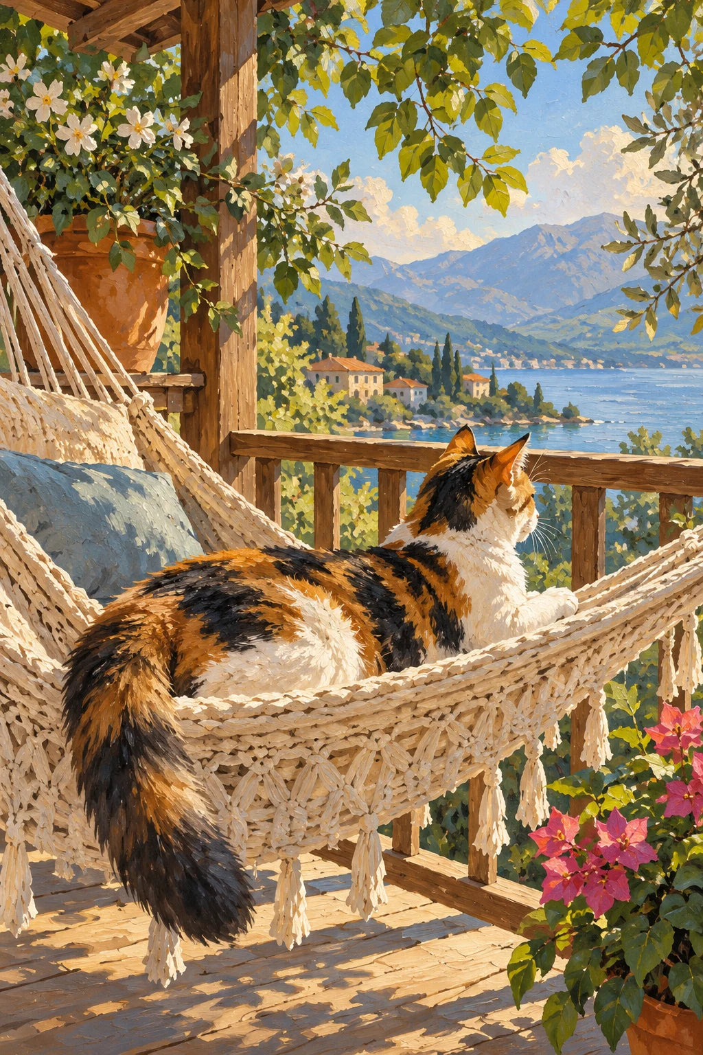 Original Calico Cat Seaside Hammock artwork for the paint by numbers kit