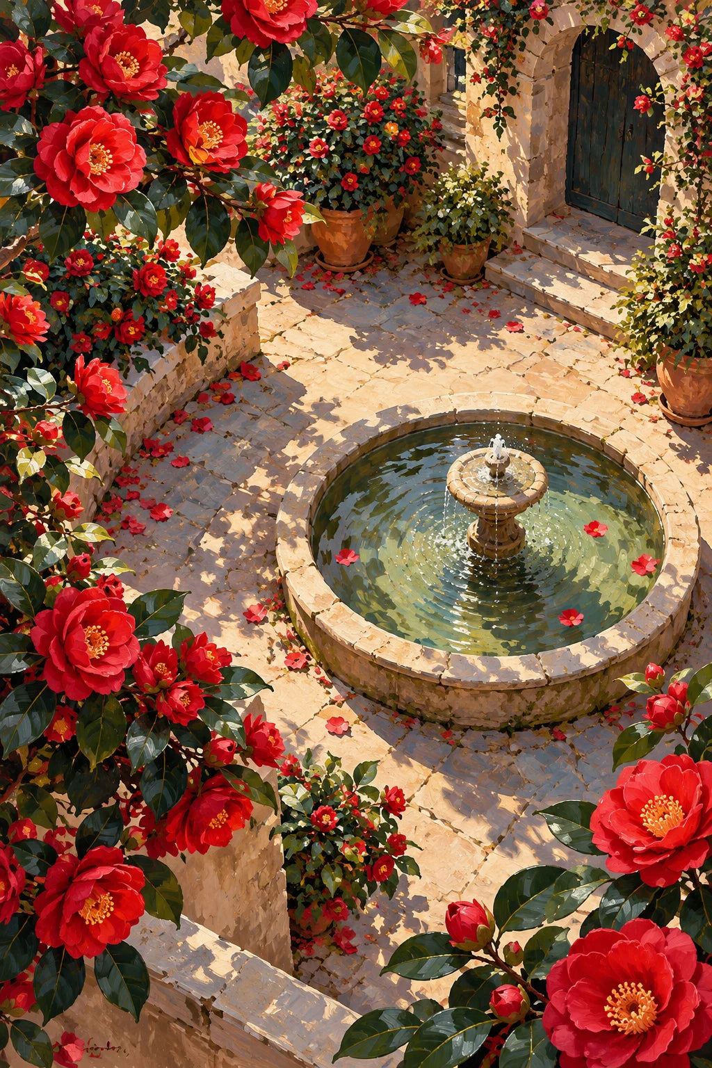 Completed Camellia Courtyard Fountain artwork on a clean white background
