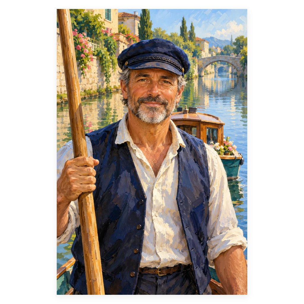 A smiling canal boatman in a navy cap stands before his wooden boat on a sunny flower-lined canal. Complete original artwork centered on a white square with original proportions preserved.