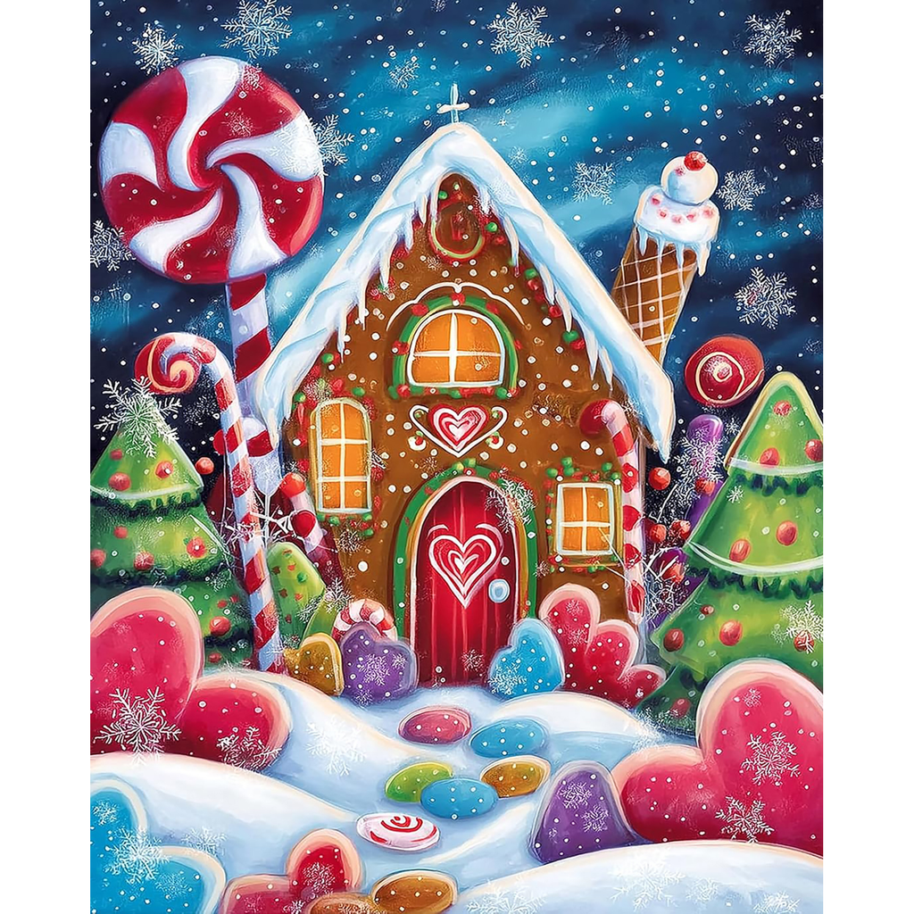 Candyland Gingerbread Christmas paint by numbers completed artwork on a clean white background