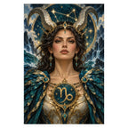 A dark-haired Capricorn woman with ornate golden ram horns and turquoise armor before icy mountains and a starry zodiac sky. Complete original artwork centered on a white square with original proportions preserved.