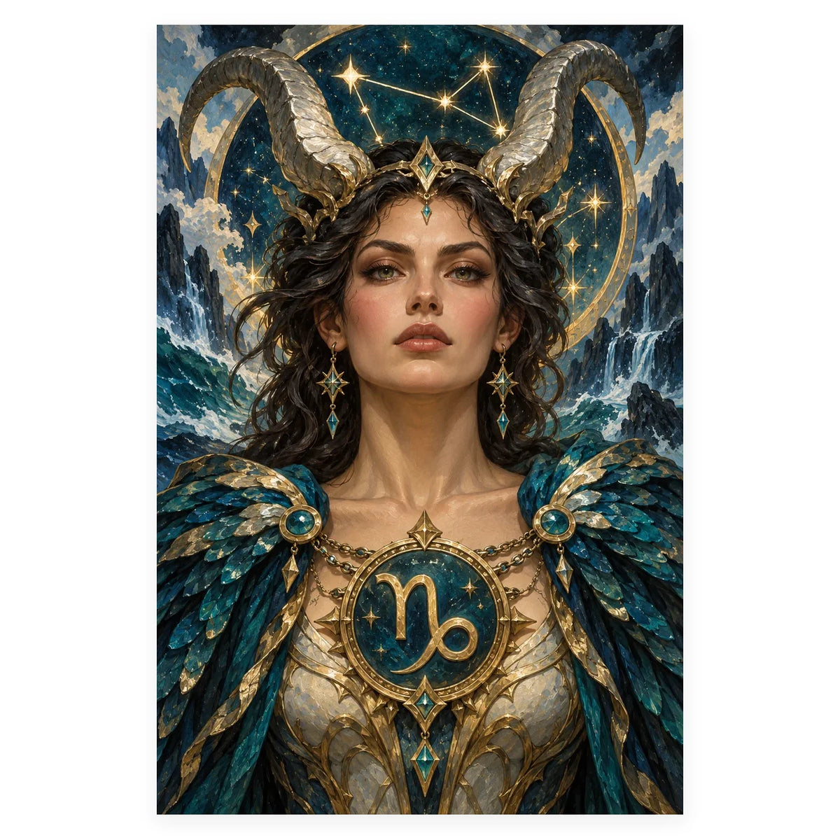 A dark-haired Capricorn woman with ornate golden ram horns and turquoise armor before icy mountains and a starry zodiac sky. Complete original artwork centered on a white square with original proportions preserved.