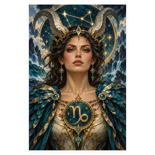 A dark-haired Capricorn woman with ornate golden ram horns and turquoise armor before icy mountains and a starry zodiac sky. Complete original artwork centered on a white square with original proportions preserved.