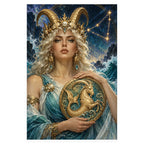A blonde Capricorn woman in pale blue and gold holding an ornate medallion with a golden sea-goat emblem against a starry sky. Complete original artwork centered on a white square with original proportions preserved.
