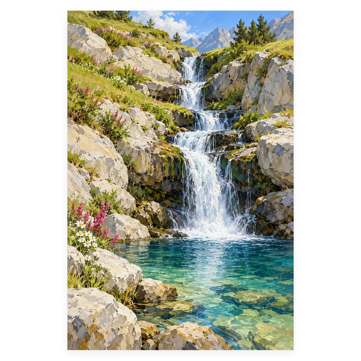 Cascading Meadow Waterfall completed artwork on a clean white background
