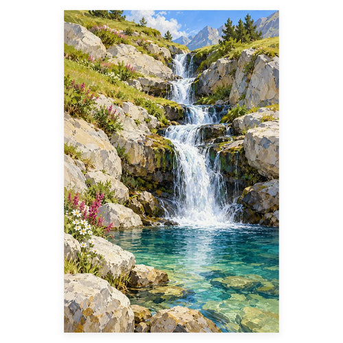 Cascading Meadow Waterfall completed artwork on a clean white background