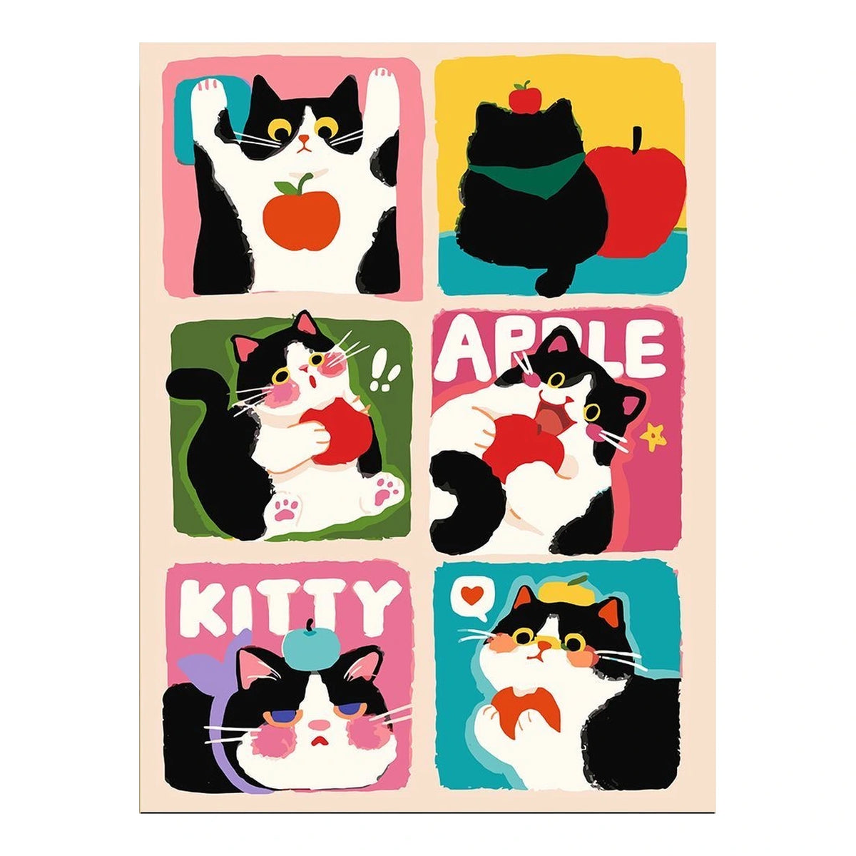 Cat and Apple Pop Art Collage completed original artwork on a clean white background