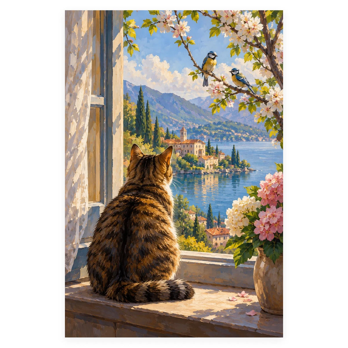 Cat Open Window Lake View completed artwork on a clean white background