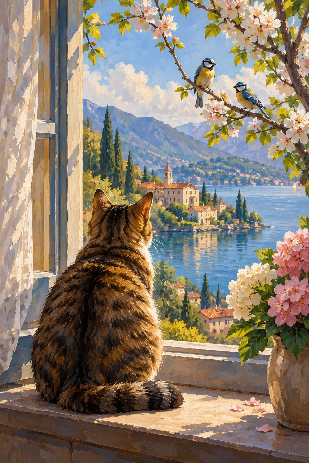 Original Cat Open Window Lake View artwork for the paint by numbers kit