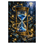 An ornate golden hourglass holds blue stardust beneath a full moon as glowing fireflies circle it in a dark garden. Complete original artwork centered on a white square with original proportions preserved.