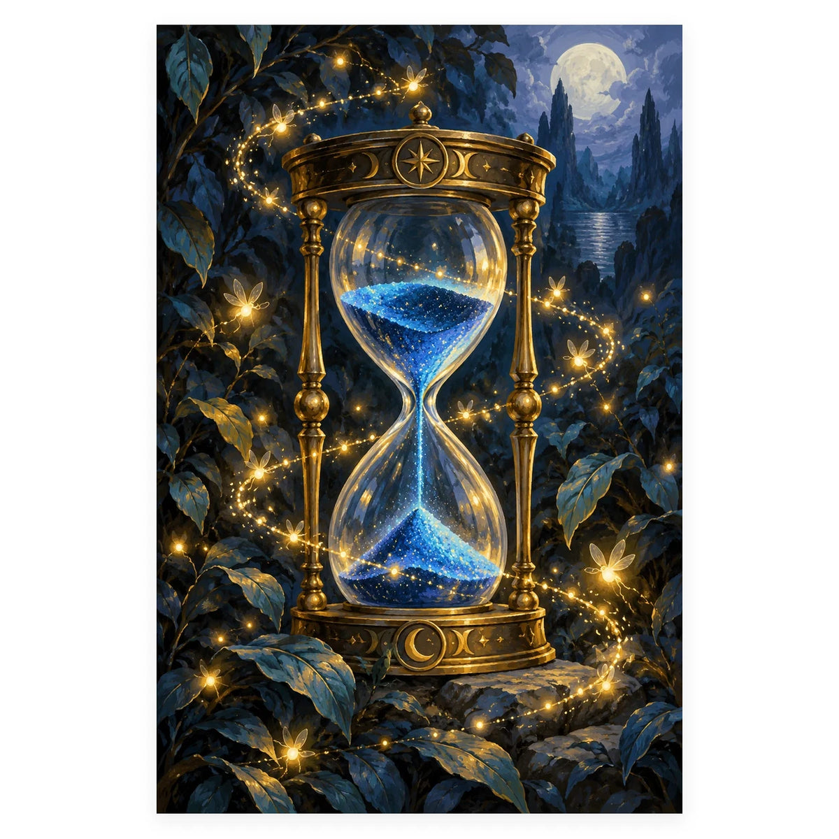 An ornate golden hourglass holds blue stardust beneath a full moon as glowing fireflies circle it in a dark garden. Complete original artwork centered on a white square with original proportions preserved.