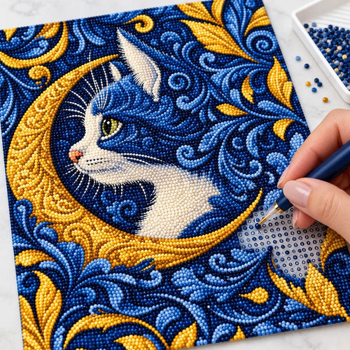 Placing a resin drill on Celestial Moon Cat diamond painting