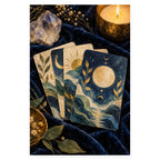 Four celestial tarot cards with sun, moon, and ocean imagery rest on dark velvet beside a clear crystal and a glowing candle. Complete original artwork centered on a white square with original proportions preserved.