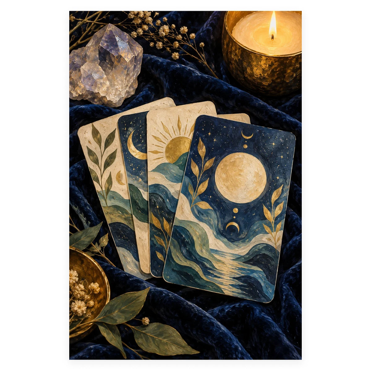 Four celestial tarot cards with sun, moon, and ocean imagery rest on dark velvet beside a clear crystal and a glowing candle. Complete original artwork centered on a white square with original proportions preserved.