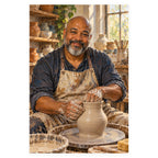 A smiling Black ceramic artist shapes a tall clay vessel on a pottery wheel in a sunlit studio lined with handmade pieces. Complete original artwork centered on a white square with original proportions preserved.