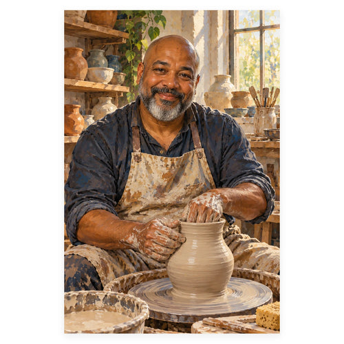 A smiling Black ceramic artist shapes a tall clay vessel on a pottery wheel in a sunlit studio lined with handmade pieces. Complete original artwork centered on a white square with original proportions preserved.
