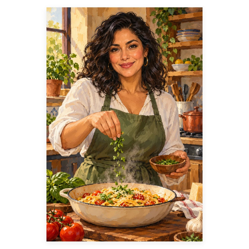 A smiling woman chef adds fresh herbs to a large bowl of tomato pasta in a bright rustic kitchen. Complete original artwork centered on a white square with original proportions preserved.