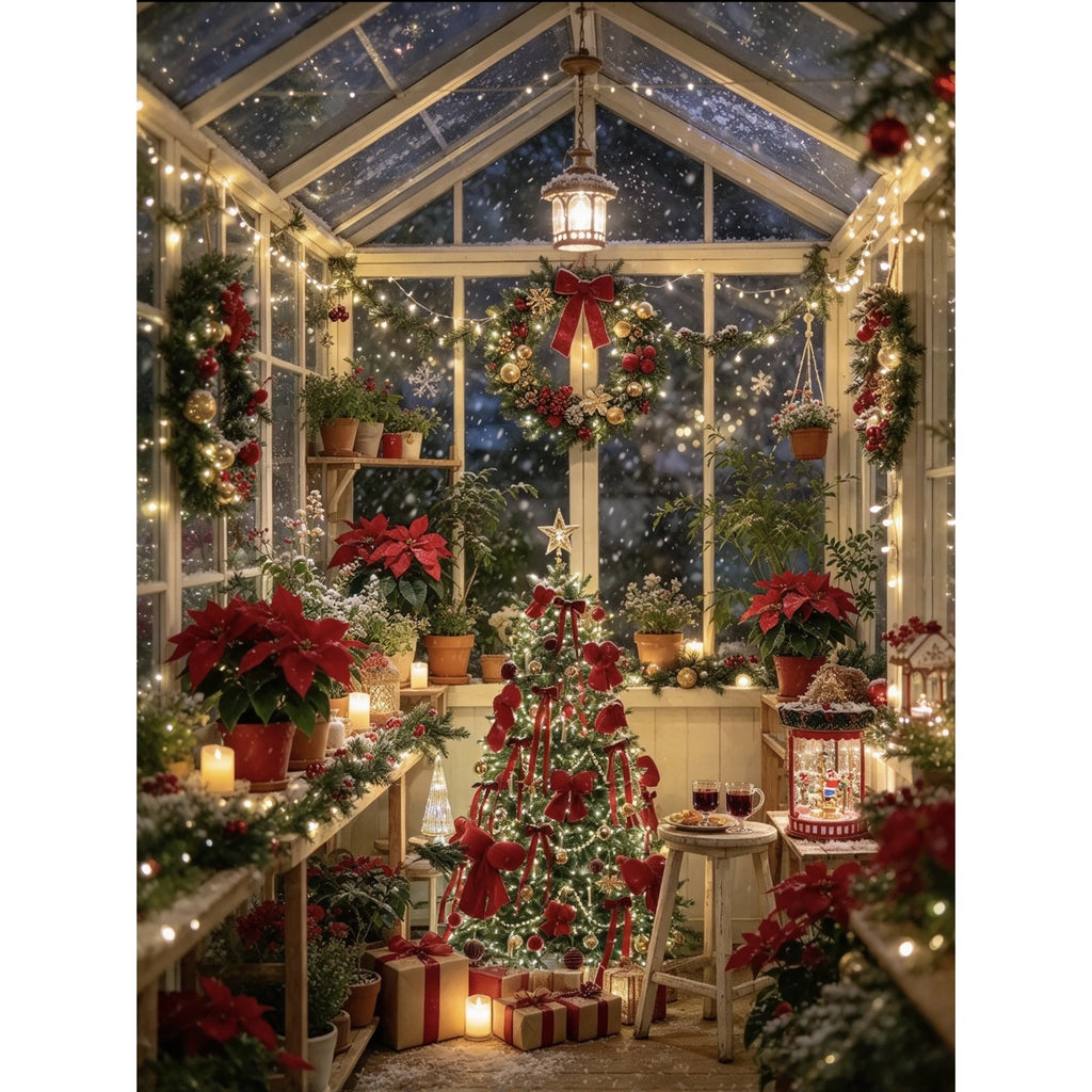 Completed Christmas Conservatory Poinsettia Snowy Night artwork on a clean white background.