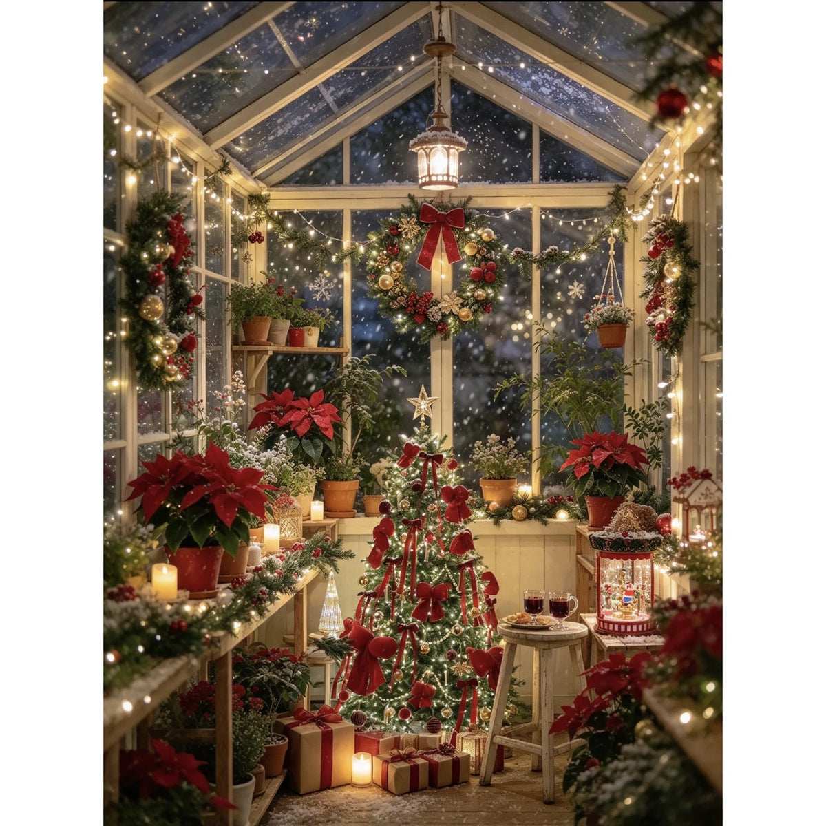 Completed Christmas Conservatory Poinsettia Snowy Night artwork on a clean white background.