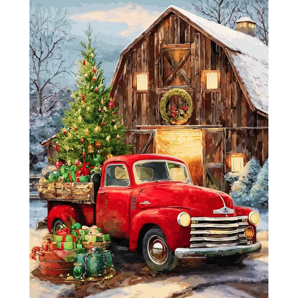 Christmas Delivery Red Truck at the Barn paint by numbers original artwork