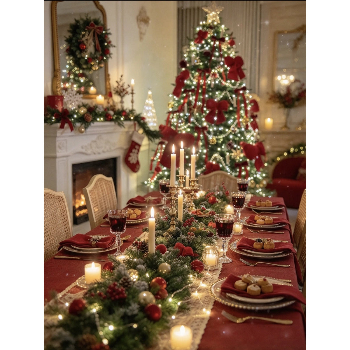 Original Christmas Dining Table with Red Runner and Candlelight paint by numbers artwork