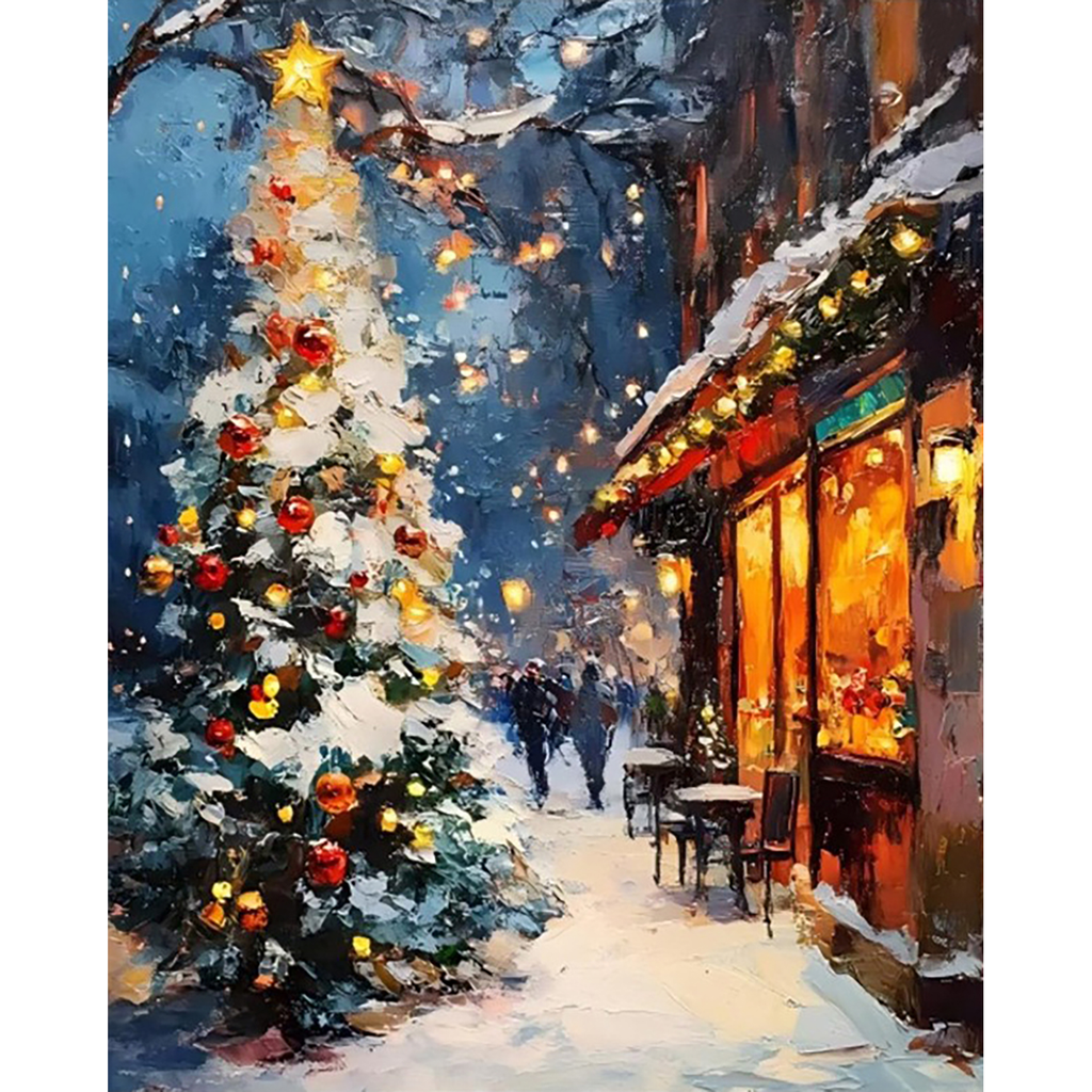 Christmas Glow on a Snowy Street paint by numbers original artwork