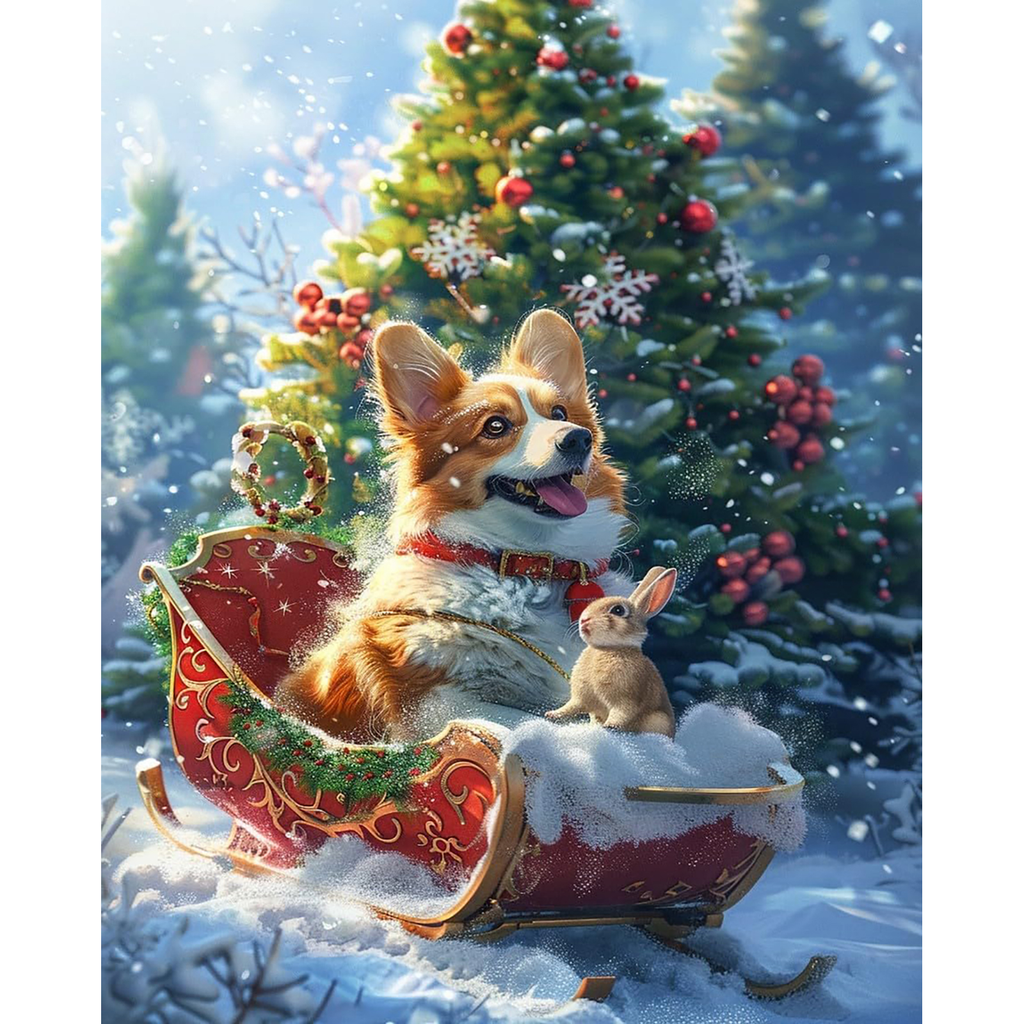 Christmas Sleigh Ride Together Corgi paint by numbers original artwork