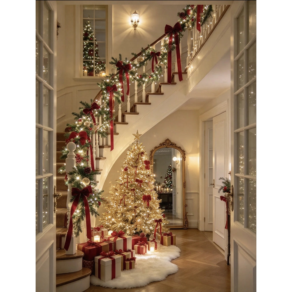 Original Christmas Staircase Hall with Garland and Red Bows paint by numbers artwork