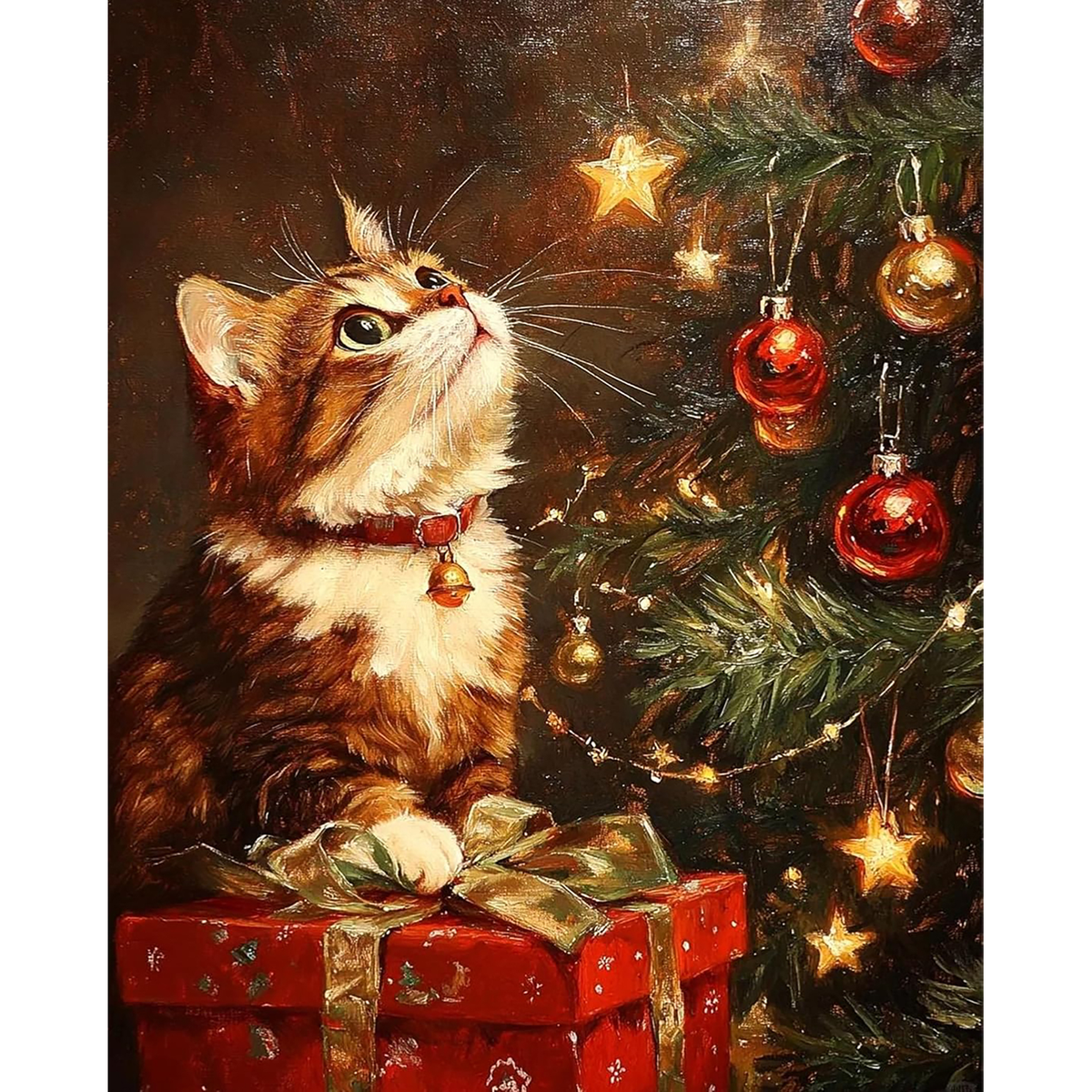 Christmas Tree Cat with Gifts paint by numbers original artwork